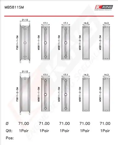 Krank Mili Yatak Çanağı Seti KING MB5811SM0.25 - 2. Görsel