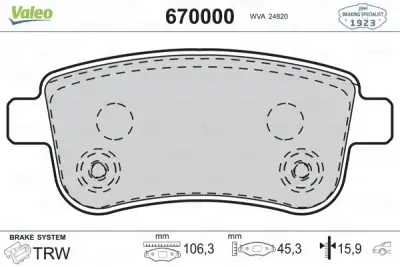 VALEO 670000 Fren Balatası Arka - 1. Görsel